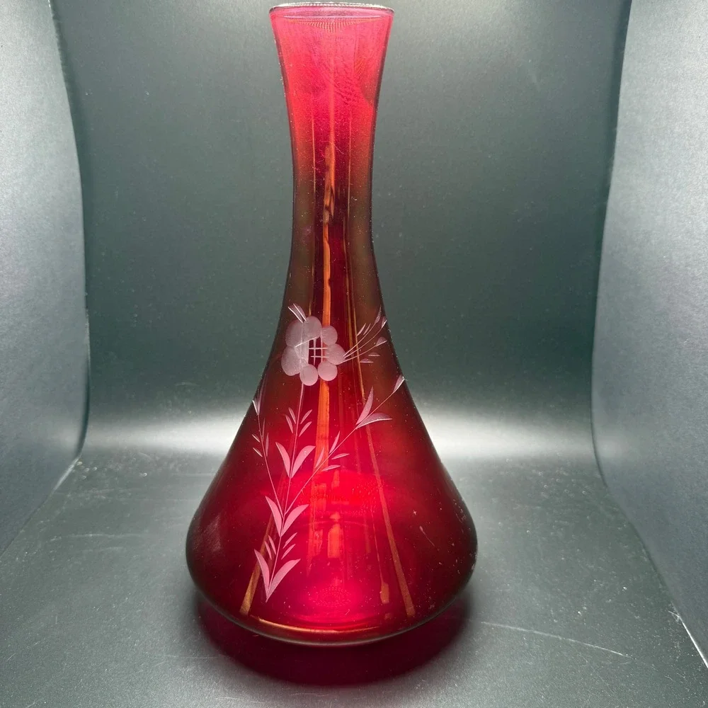 Vintage Ruby Red Glass Vase Etched Floral Teardrop Bud Vase 12x6 Mid Century